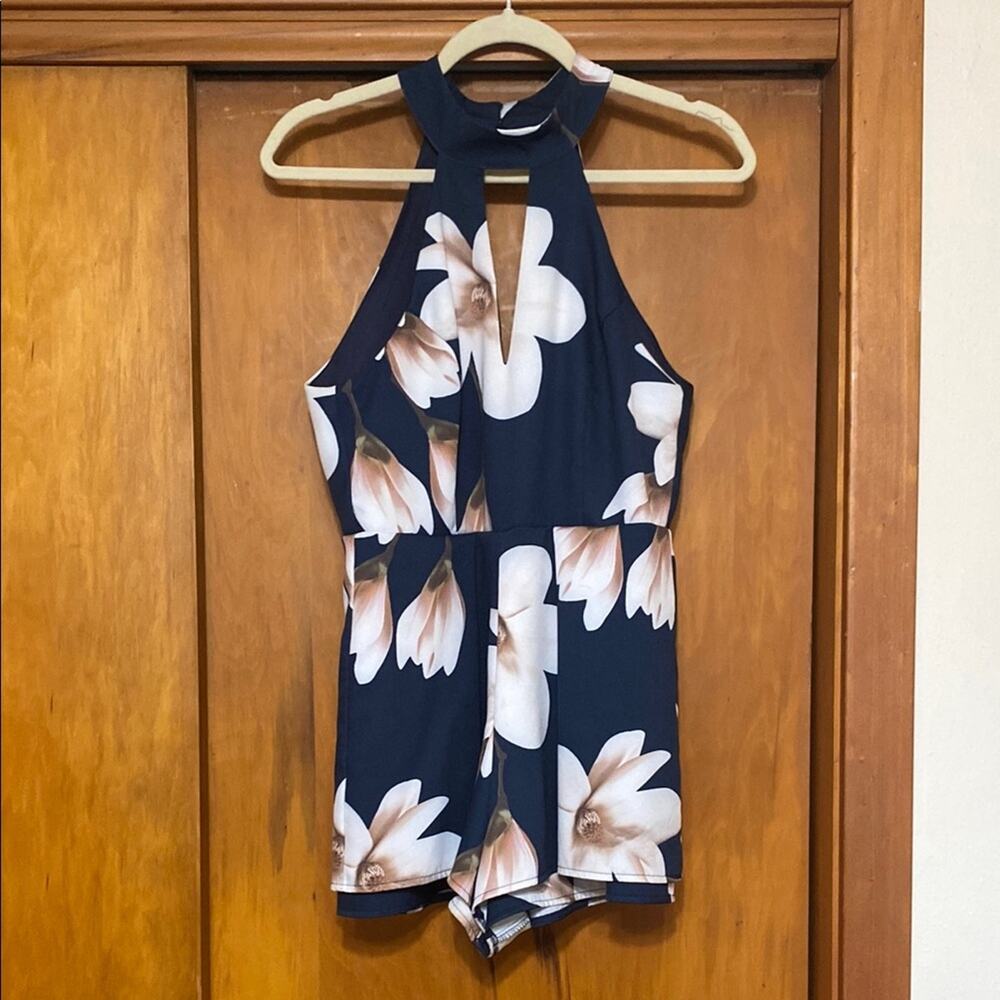 Navy Blue White Floral Halter Romper Cutout Low Back Zipper Day Summer Sun Flirt